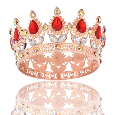 Imagem de YARIEW Pequenos buquês de flores com coroa de ouro rosa, strass vermelho, coroa de bolo, acessórios de cabelo para mulheres, decorações de bolo de aniversário, fantasia de noiva, acessórios de cabelo