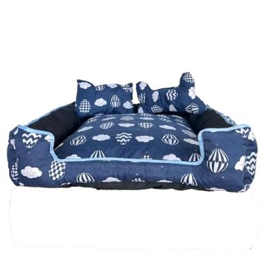 Imagem de Cama Pet Quadrada para Cachorro e Gato, Impermeável, Tricoline 100% Algodão, 40x40x15cm, com 2 Almofadas (Balão Azul Royal e Azul)