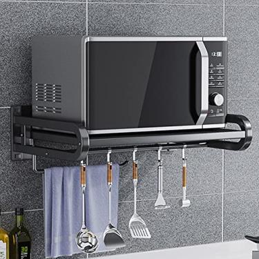 Imagem de 3FLQOOPP Suporte de parede para forno de micro-ondas, organizador de torradeira, prateleira de parede de armazenamento de cozinha suspensa com 5 ganchos, toalheiro de banheiro, preto ()
