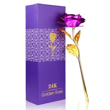 Imagem de ALLOMN Rosa dourada 24K, haste longa de plástico mergulhada em ouro com caixa de presente, o melhor presente para o Dia dos Namorados, Dia das Mães, Natal, aniversário com caixa de presente (roxa)