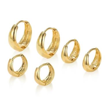 Imagem de EGUARTE 3 pares de brincos de argola de ouro para mulheres na moda brincos grossos de ouro 14 K, hipoalergênicos, pequenos, conjunto de brincos de argola grossa de ouro, joias de ouro para mulheres