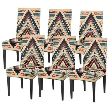 Imagem de hongjinglin Conjunto de 6 capas elásticas para cadeira de sala de jantar, capa protetora de assento étnica, retrô, boêmia, removível, lavável, para cozinha, casa, hotel, banquete, festa de casamento