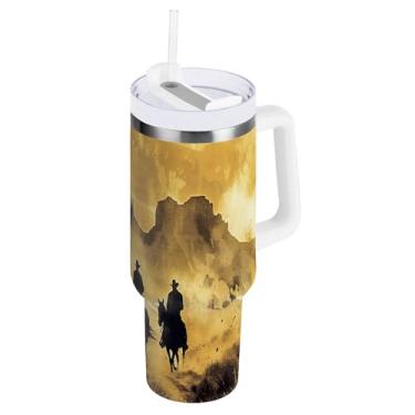 Imagem de xigua Copo vintage Western Cowboy de 1,134 g com tampa e canudo, aço inoxidável de vácuo duplo isolado garrafa de água esportiva suporte para copo de café de viagem à prova de vazamento para bebida