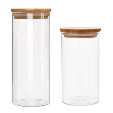 Imagem de Kit 2 Potes de Vidro Circular Hermético, Tampa de Bambu, Borossilicato, Vedação em Silicone, Multiuso para Alimentos Secos, 1000ml e 1500ml