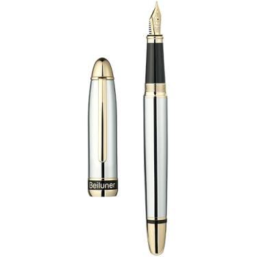 Imagem de BEILUNER Caneta-tinteiro cromada prata 315, canetas de luxo deslumbrantes com detalhes em ouro 24K, linda ponta dourada 24K (fina), conversor de tinta, presente chique para homens e mulheres