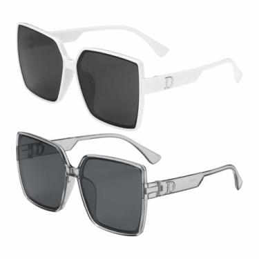 Imagem de HARFINGTON 2 peças de óculos de sol para mulheres e homens, armação grande de policarbonato em forma de D óculos de sol modernos com proteção solar para dirigir, fazer compras e tirar fotos, cinza