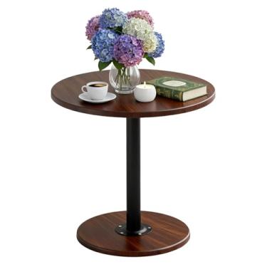 Imagem de Davimaxium Mesa lateral redonda, mesa de centro, mesa lateral redonda pequena com grão de mármore para sala de estar, quarto, escritório e espaços pequenos, base de madeira, fácil montagem (marrom)