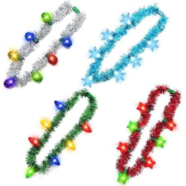 Imagem de Colar com luzes de Natal – lembrancinhas de festa de véspera de ano novo para crianças, homens, mulheres, acessórios de decoração de Natal, acessórios de festa engraçados (pacote com 4), Plástico
