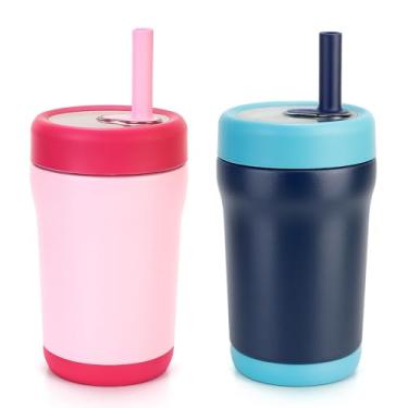 Imagem de Zukro Copo de aço inoxidável com isolamento infantil com canudo flexível resistente a derramamentos, garrafa de água infantil, ótimo para viagens, lavável na lava-louças, 340 g, azul-marinho