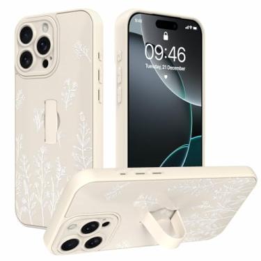 Imagem de AIGOMARA Capa feita para iPhone 16 Pro Max com alça de dedo linda flor branca floral macia TPU bumper rígido PC traseiro antiqueda à prova de choque capa fina