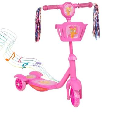 Imagem de Patinete Infantil com Luz e Som, Rodas com Brilho, Cestinha Frontal, Freio Traseiro, para Crianças Acima de 3 Anos