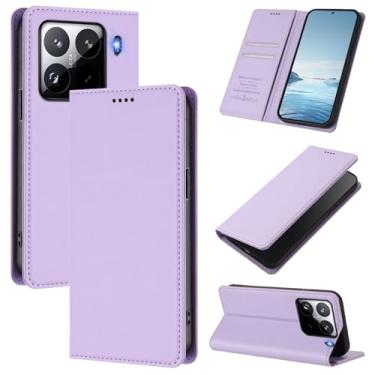 Imagem de Capa carteira fina para Xiaomi 15 Pro com capa flip magnética, compartimentos para cartões e suporte, bloqueio RFID, compatível com carregamento sem fio, capa protetora à prova de choque (roxa)