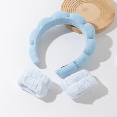 Imagem de Faixa de cabelo facial estilo toalha de espuma para spa, maquiagem e aplicação de máscara, rotinas de cuidados com a pele e cuidados faciais diários, azul