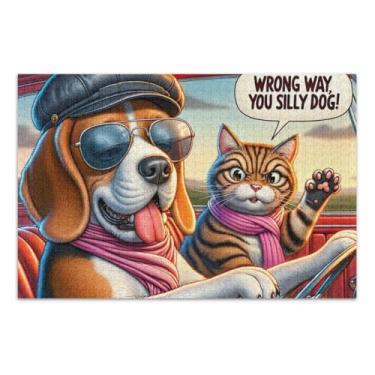 Imagem de Óculos de sol quebra-cabeça de cachorro dirigindo com gato, quebra-cabeça de presente DIY com bolsa de armazenamento de malha para adultos adolescentes, tamanho final 75 x 50 cm