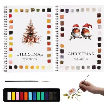 Imagem de Conjunto de tinta aquarela de Natal – Livro de exercícios em aquarela, paleta de tinta de 12 cores incluída, diário de arte encadernado em espiral para iniciantes, adultos, prática de pintura e