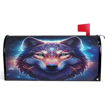 Imagem de TSENQUE Capa decorativa para caixa de correio com cara de lobo mística, nebulosa cósmica, caixa de correio de vinil magnético, decorações modernas de verão, tamanho padrão 52,6 x 45,8 cm