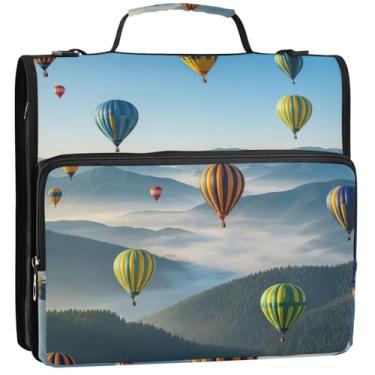Imagem de Organizador de fichário de viagem com zíper, 3 anéis, 3 anéis, portfólio colorido de balões de ar quente, comporta 500 folhas com alça para escola, 34,5 x 31,5 x 9 cm