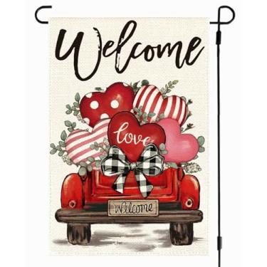 Imagem de RABUSOFA Bandeira de jardim Dia dos Namorados 30,5 x 45,7 cm dupla face externa, Welcome Love Hearts Truck Rustic Yard Outdoor Flag Decorações (02) (vermelho, tamanho do jardim: 30,5 x 45,7 cm)