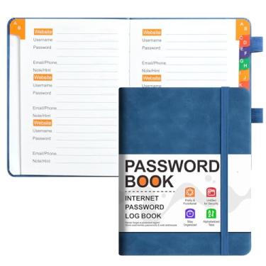 Imagem de KAFENDA Livro de senhas com abas alfabéticas, agenda de endereços para logins de sites, tamanho de bolso 15,5 cm x 12,4 cm, capa dura de couro PU (azul)