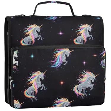 Imagem de Unicórnios brilhantes 3 fichários anel D 1,5 polegadas D organizador de fichários escolares bolsa com alça de ombro carteira de tecido comporta 500 folhas, 34,5 x 31,5 x 9 cm