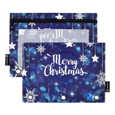 Imagem de GAIGEO Pasta feminina com 3 anéis, bolsa para lápis, fichário com zíper, caneta, transparente, escola, fichário, bolsos, flocos de neve, estrelas, luzes azuis, 25 x 18 cm, 2 pacotes