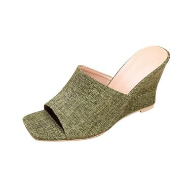 Imagem de Pantufas femininas de verão com boca de peixe salto cunha estilo casual com bico redondo para conforto ao ar livre e interno, Verde, 38