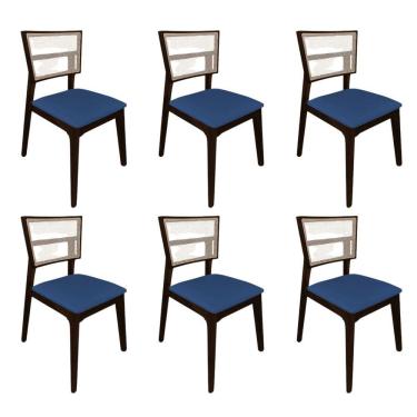 Imagem de Kit 6 Cadeiras De Jantar Tela Premium Madeira Maciça Manuela Azul Veludo Castanho