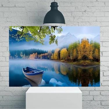 Imagem de Arte de parede em tela rústica vintage lago outono com barco e montanhas - Pôster sem moldura de 30,5 x 45,7 cm - Ideia de presente para decoração de casa e escritório para sala de estar, quarto