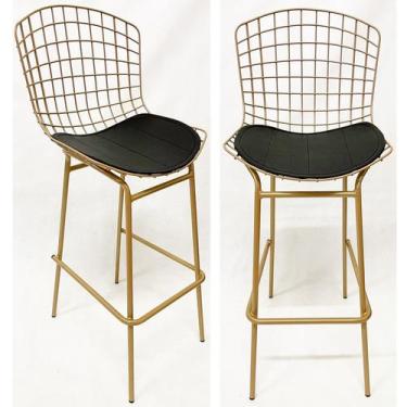 Imagem de Kit 2 Banquetas BERTÓIA dourado fosco assento preto tubular altura 70c