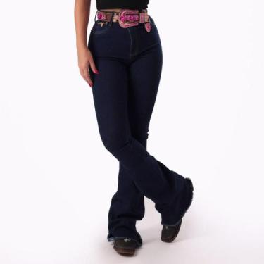 Imagem de Calça Jeans Azul Básica Feminina Lisa Denim Cintura Alta Flare Moda Co