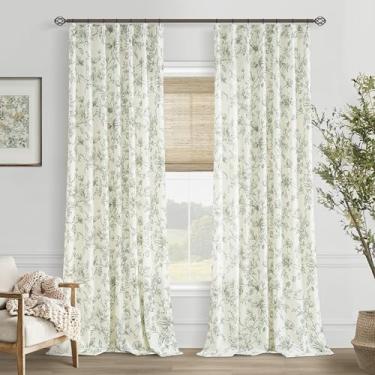 Imagem de Cortinas de linho floral verde-oliva 300 cm plissadas para sala de estar, cortina com estampa de flor de peônia, vintage, boho, casa de fazenda, filtro de luz, beliscão, plissado, cortinas para quarto