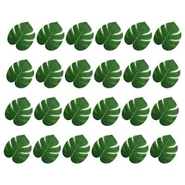 Imagem de 24 peças de folhas de palmeira artificiais de 15 cm, folhas artificiais tropicais verdes de Monstera para decoração de mesa de aniversário havaiana Luau Jungle Party Safari (P)