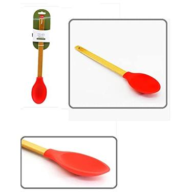 Imagem de Colher de Arroz Multiuso de Silicone Vermelho Cabo Bambu 32cm
