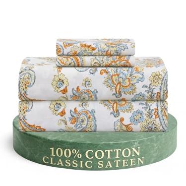 Imagem de Feather & Stitch Conjunto de lençóis 300 fios Queen Size 100% algodão cetim estampado, conjunto de lençóis de cama refrescantes e respiráveis, 4 peças de 40,64 cm elástico com bolsos profundos, extra