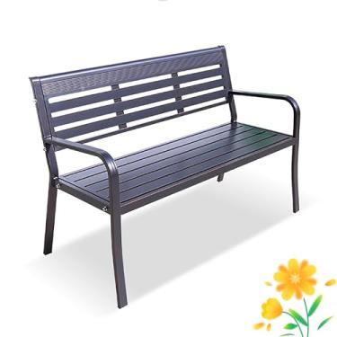 Imagem de Bancos de pátio de 129 cm para ambientes externos, banco de jardim com moldura de liga de alumínio com corrimãos e encosto curvos, assento de pátio, assento de ripas, para gramado, piquenique, quintal