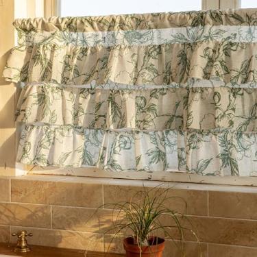 Imagem de Conkov Saia de linho para janelas - Cortinas de saia floral verde cottage com babados e filtragem de luz para cozinha, banheiro, armário e janelas pequenas bolso para varão 1 painel 132 x 45 cm