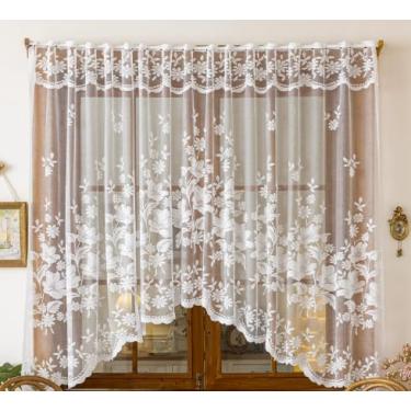 Imagem de Cortina para tratamento de janela, cortina curta bordada floral de renda branca para banheiro, cozinha, sala de estar, peitoril de janela e decoração de armário 118" x 63" (300 x 160 cm)