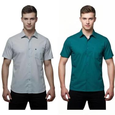 Imagem de Kit 2 Camisas Sociais Microleve Manga Curta cor:Cinza,Verde EscuroTama