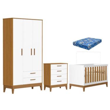 Imagem de Quarto de Bebê Flip com Cômoda Gaveteiro Branco Acetinado Savana com Colchão Ortobom - Reller