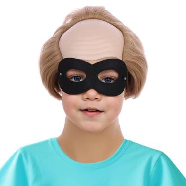 Imagem de PATTNIUM Peruca infantil loira curta de cabeça careca cosplay infantil com máscara de olhos sintética fantasia de Halloween perucas