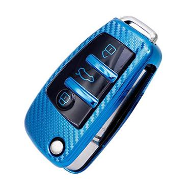 Imagem de YJADHU Macio TPU fibra de carbono remoto masculino feminino porta-chaves porta-chaves tampa do porta-chaves do carro, adequado para Audi A1 A3 A4 A5 Q7 A6 C5 C6, azul