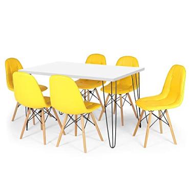 Imagem de Conjunto Mesa de Jantar Hairpin 130x80 Branca com 6 Cadeiras Eiffel Botonê - Amarelo