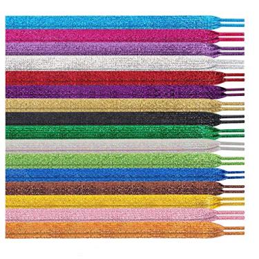 Imagem de MarJunSep Cadarços planos com glitter brilhante de 106,7 cm, cores sólidas, cordões para sapatos para equipes de torcida e dança, Multicolorido., Medium