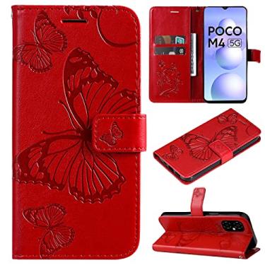 Imagem de Capas de telefone borboleta em relevo compatíveis com Xiaomi Poco M4 5G M5 4G Capa de couro de luxo slots para cartão de visita clipe de carteira à prova de choque (vermelho, Xiaomi Poco M5 4G)
