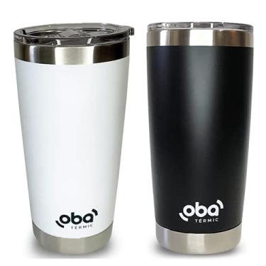 Imagem de Kit Economia Dois copos térmicos com Tampa e abridor embutido - Oba Termic (1 Branco + 1 Preto) Isolamento térmico a vácuo mantem gelado por até 12h e quente por até 3 horas . Caneca térmica original