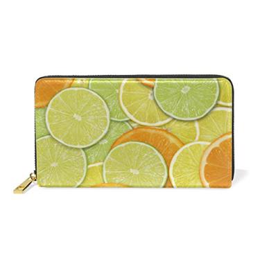 Imagem de Carteira feminina de couro laranja limão zíper bolsa clutch porta-cartões de crédito