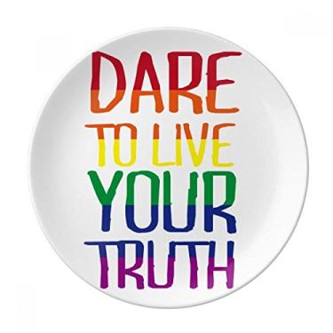 Imagem de Live Your Truth LGBT Placa de bandeira de arco-íris decorativa de porcelana Salver Prato de jantar