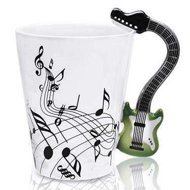 Imagem de LanHong – Caneca de guitarra com design de notas musicais de 340 g para chá e café, caneca de café com música e taça de cerâmica para presente para amigos, Verde