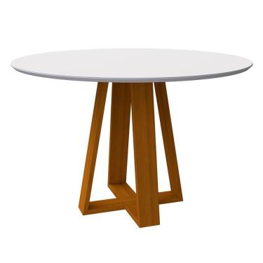 Imagem de Mesa De Jantar Para 4 Lugares Tampo Redondo Com Vidro 1,20m Vitoria Madeira Maciça Cor Ypê Off White New Ceval