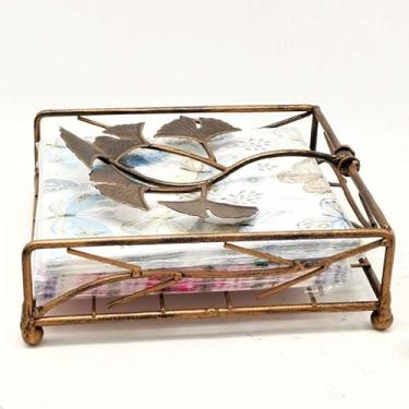 Imagem de Suporte para caixa de lenços de ferro forjado quadrado armazenamento de guardanapo folha de ginkgo caixa de lenços para casa suportes de papel de prensa de mesa, suporte de papel facial para melhoria da casa